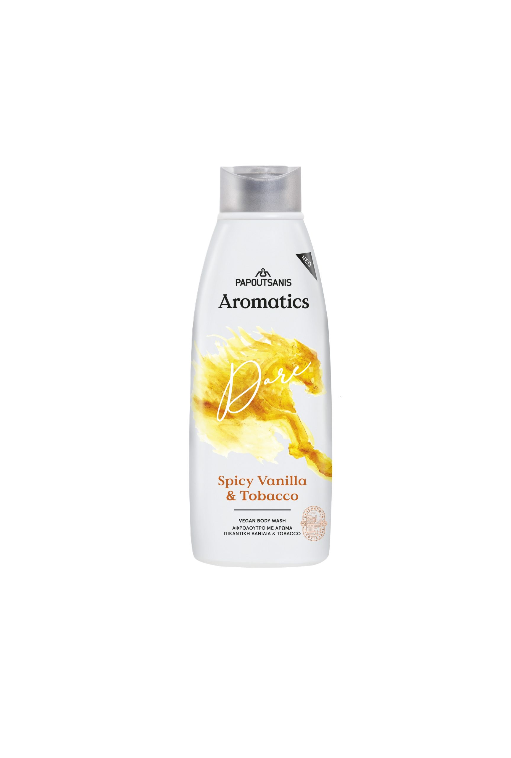Gel de duș 100% vegan DARE Aromatics – Vanilie Picantă & Tabac, cu Prebiotice, Vitamina E și Aloe Vera, 600 ml